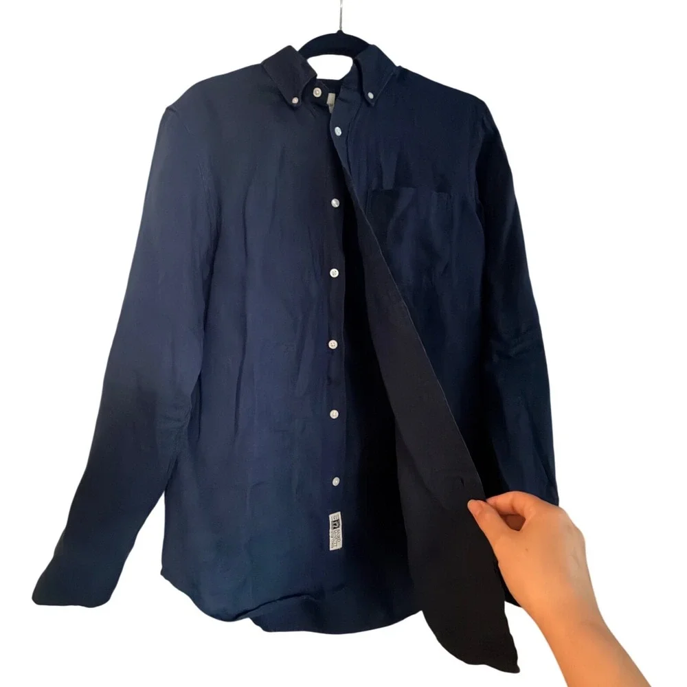 J Crew Mens Navy Blue Linen Blend Long Sleeve Button Down Shirt Large